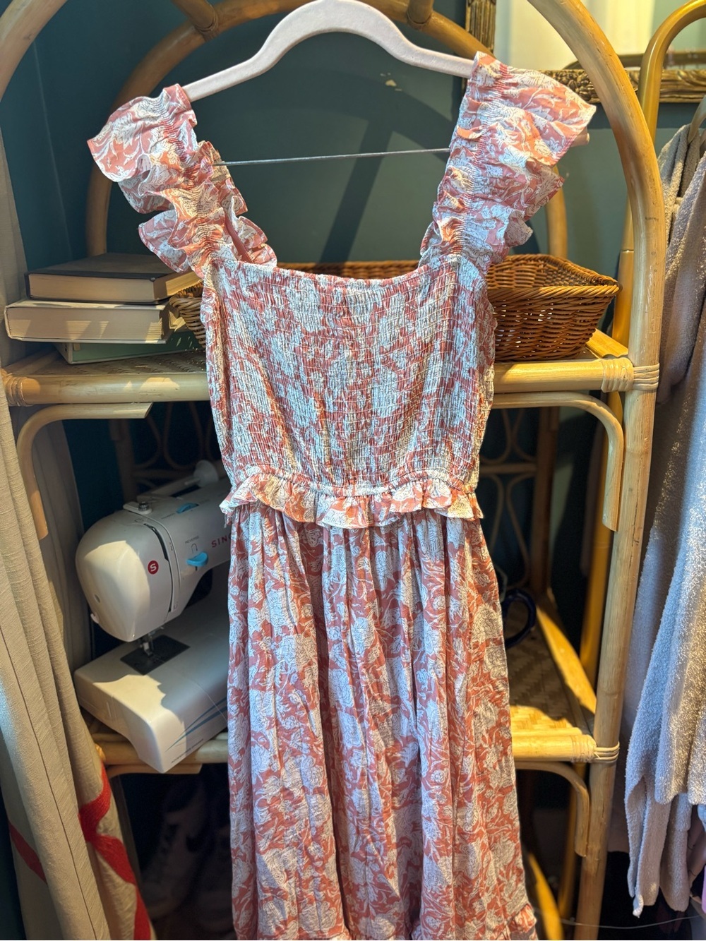 Smocked Ruffle Strap Midi Dress in Coral Floral